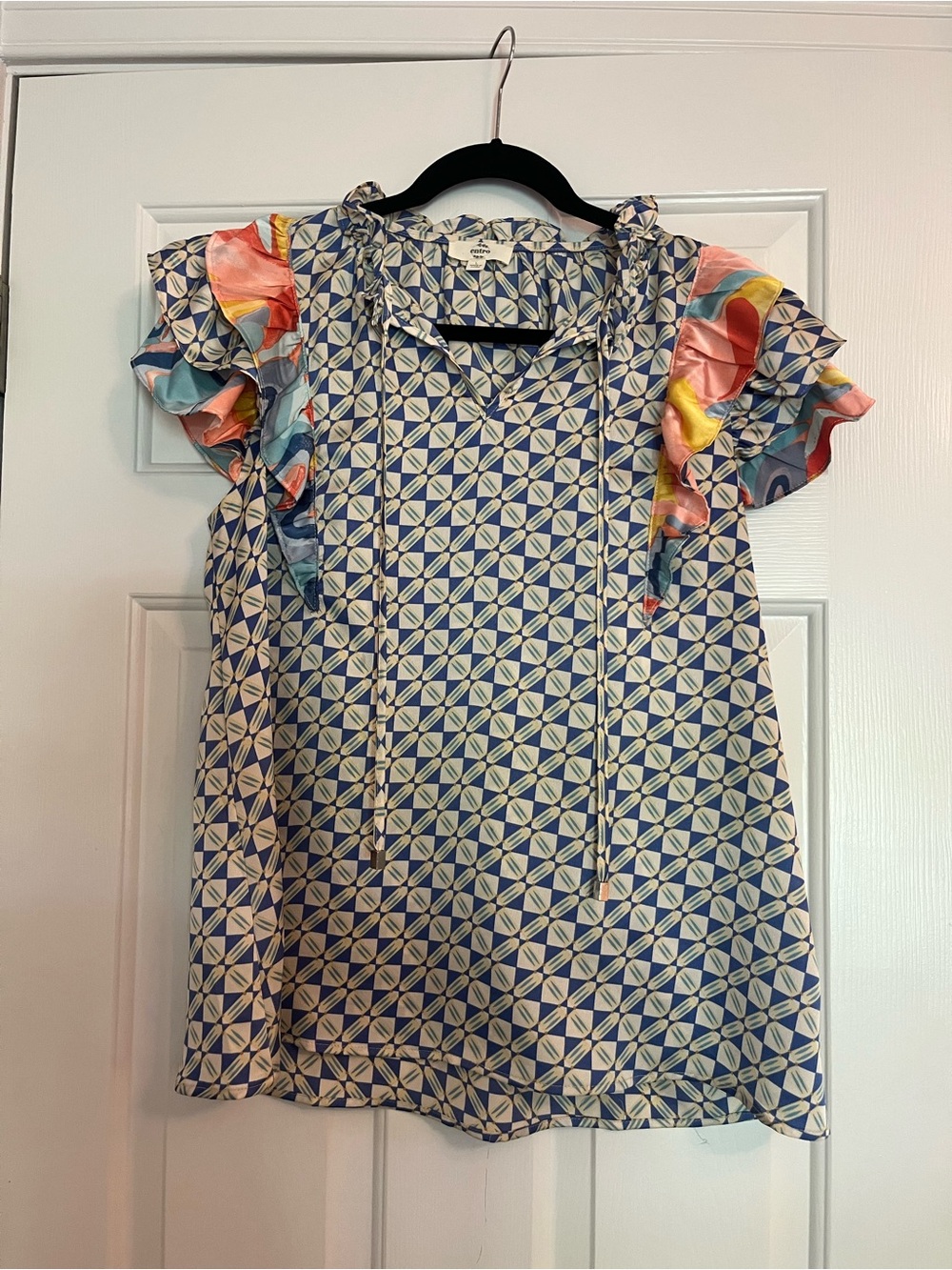entro Blue Geo Print Ruffle Sleeve Blouse with Multicolor Accents